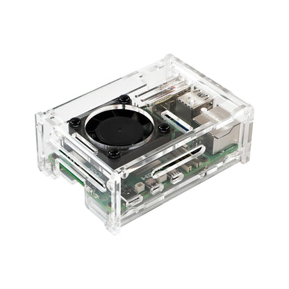 Yahboom Raspberry Pi 5 Acrylic Case installed on Raspberry Pi 5 with top-mounted cooling fan