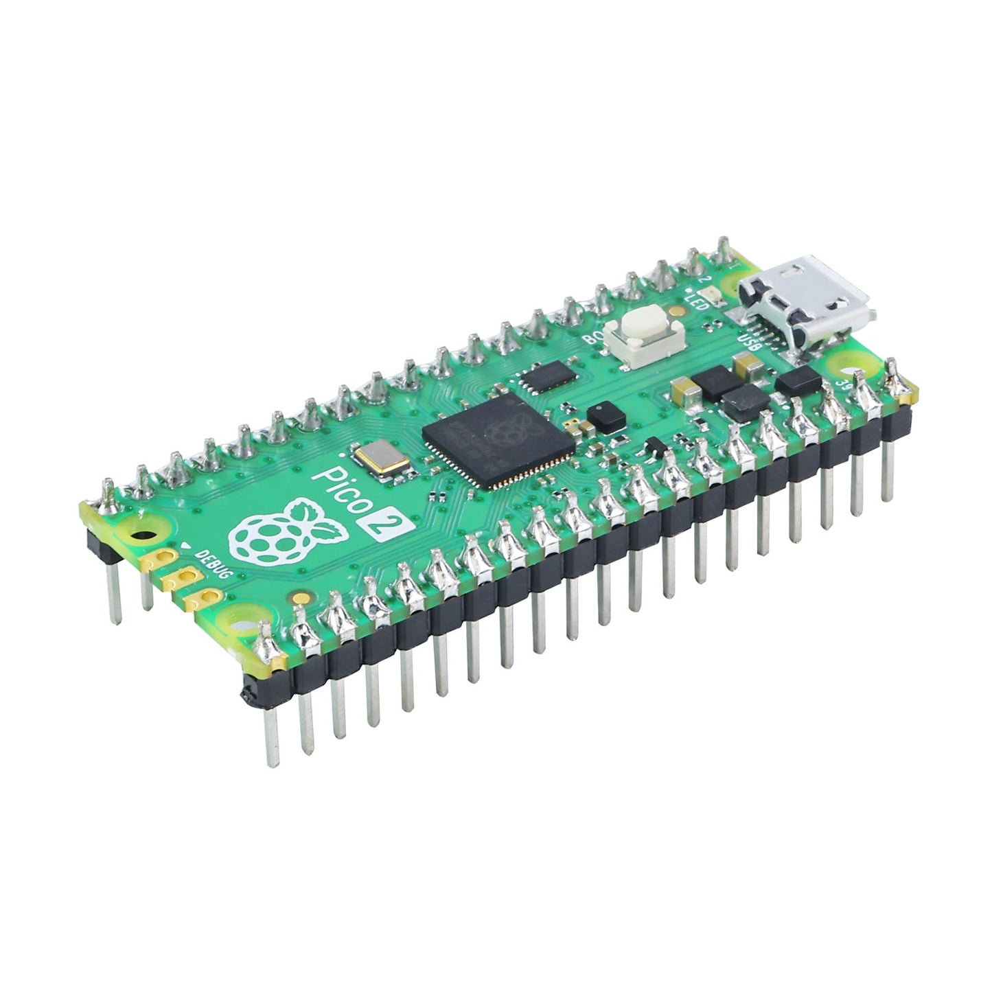 Raspberry Pi Pico 2 microcontroller development board with soldered pin headers, angled view