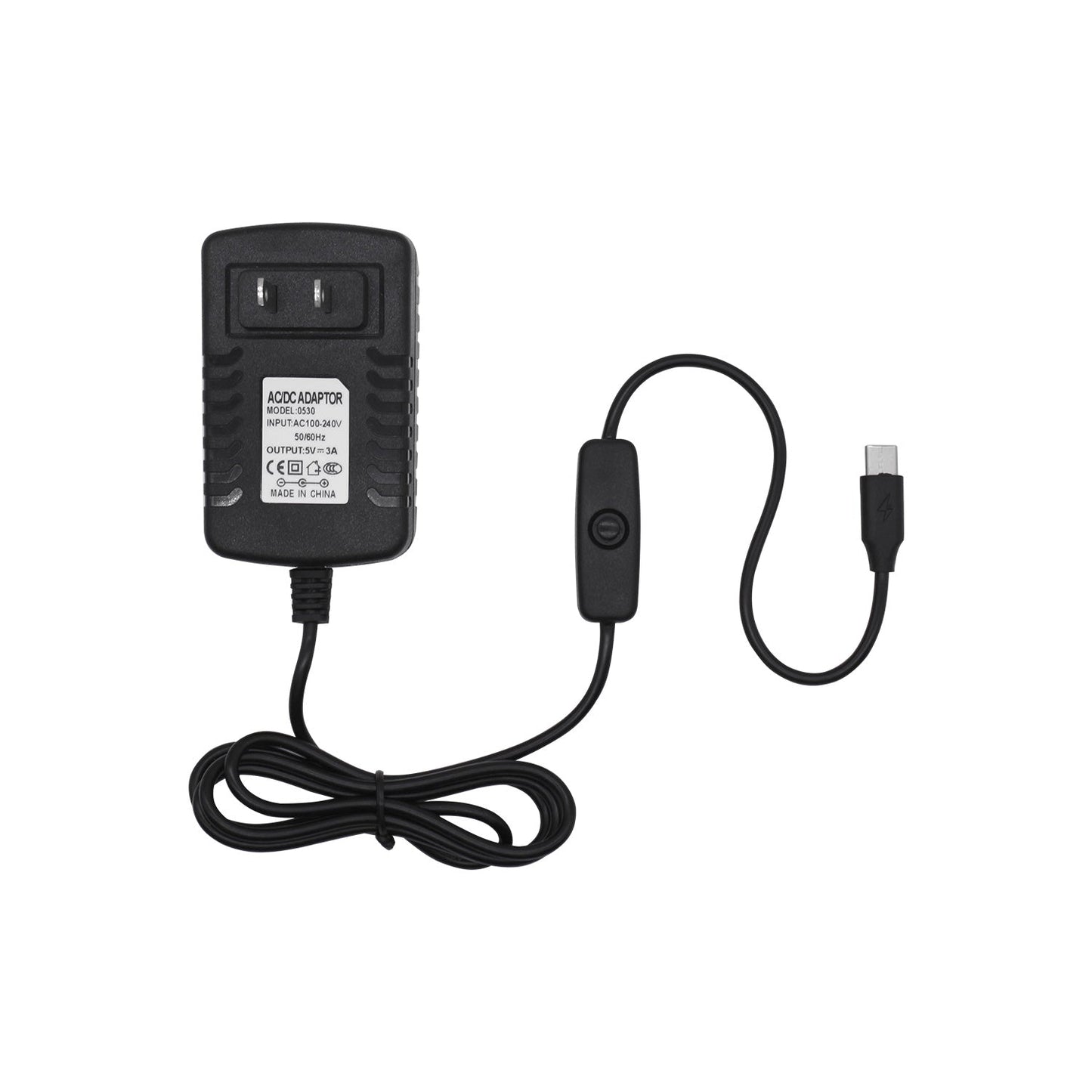 5V 3A USB Type-C power adapter with inline on/off switch, wall plug and USB-C connector