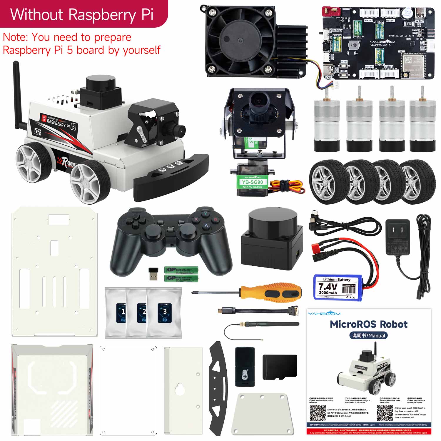 Package contents for MicroROS robot kit without Raspberry Pi 5, showing chassis, boards, motors, wheels, tools