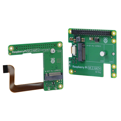 Raspberry Pi 5 official M.2 HAT+ M Key boards shown: Standard and Compact with 16‑pin ribbon cable