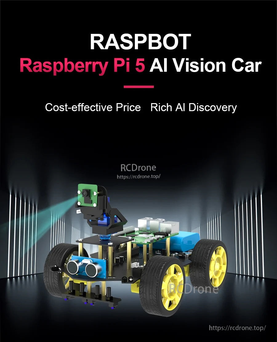 Yahboom Raspbot Raspberry Pi 5 AI vision robot car kit with FPV camera, 4WD chassis and ultrasonic sensor