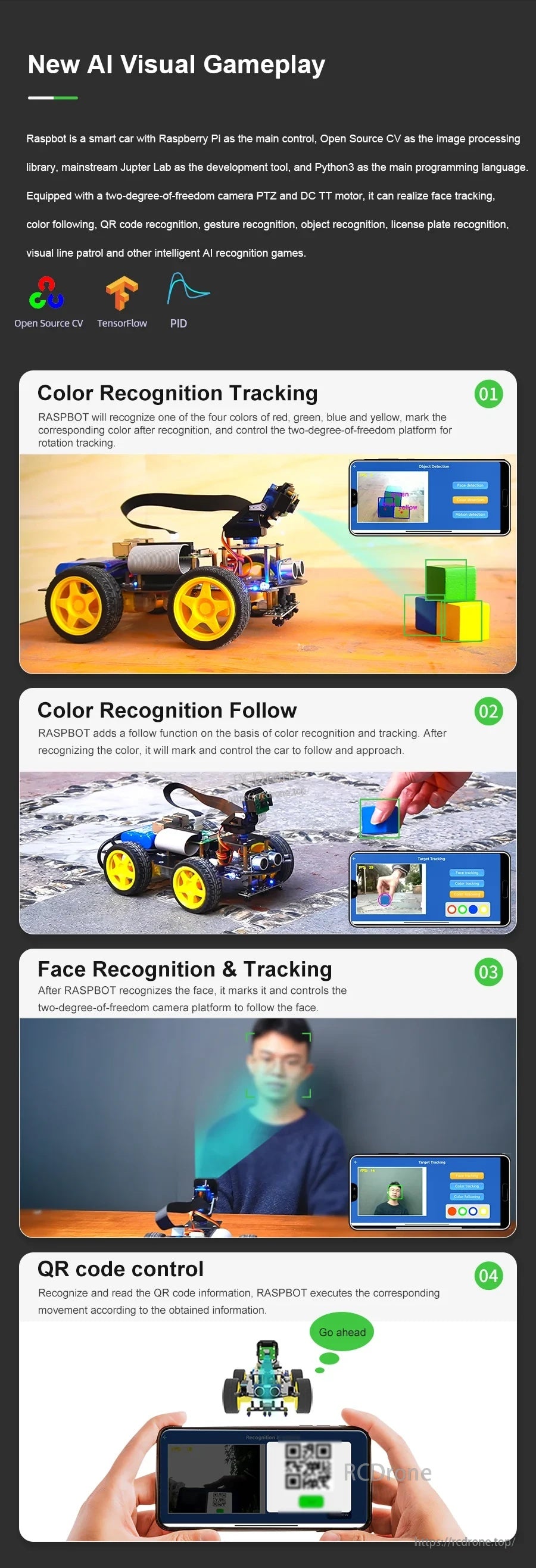 AI visual gameplay examples: color recognition tracking/follow, face tracking (blurred), and QR code control