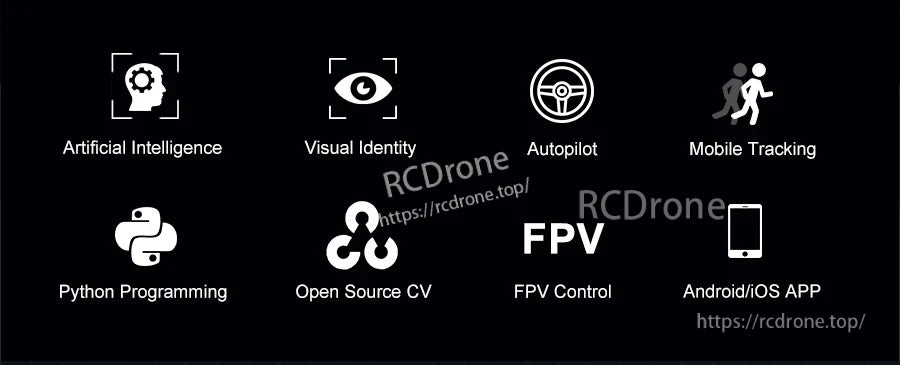 Feature icons for the Raspbot robot: AI, visual identity, autopilot, mobile tracking, Python, OpenCV, FPV and app control