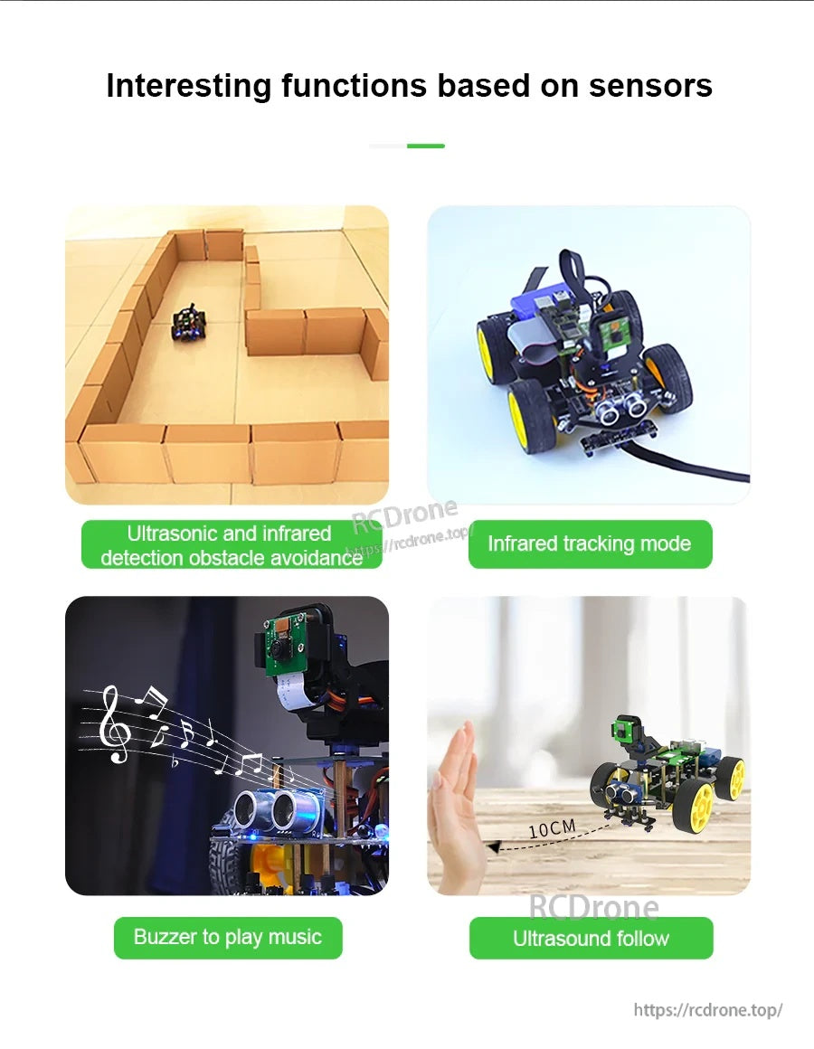 Sensor functions collage: ultrasonic and infrared obstacle avoidance, infrared tracking mode, buzzer music and ultrasound follow