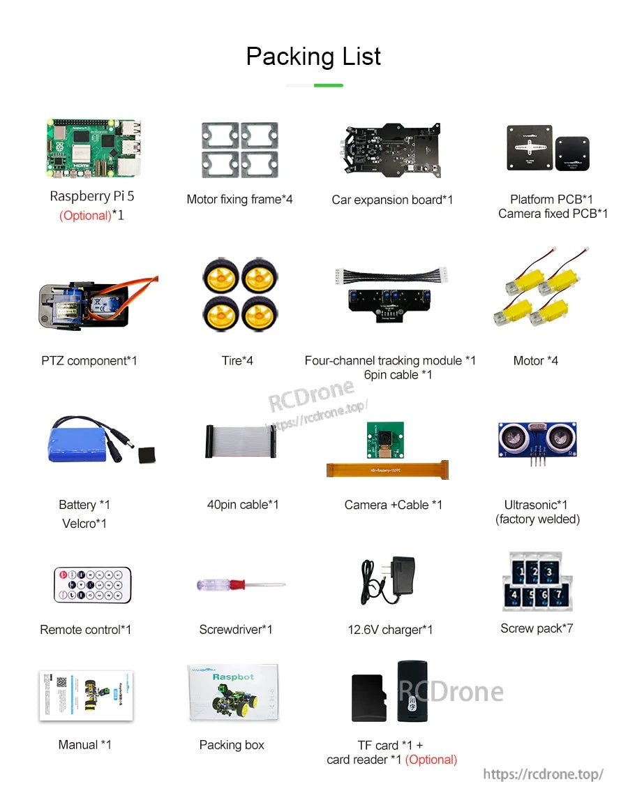 Packing list of included parts: expansion board, motors, wheels, camera cable, ultrasonic module, remote, tools and optional TF reader