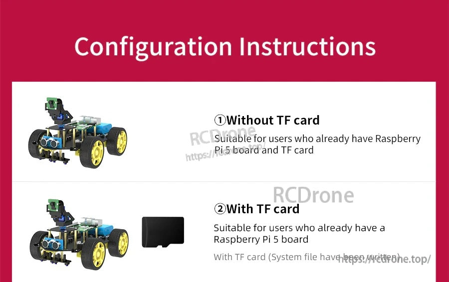Configuration instructions comparing kit options without TF card vs with TF card for Raspberry Pi 5 users