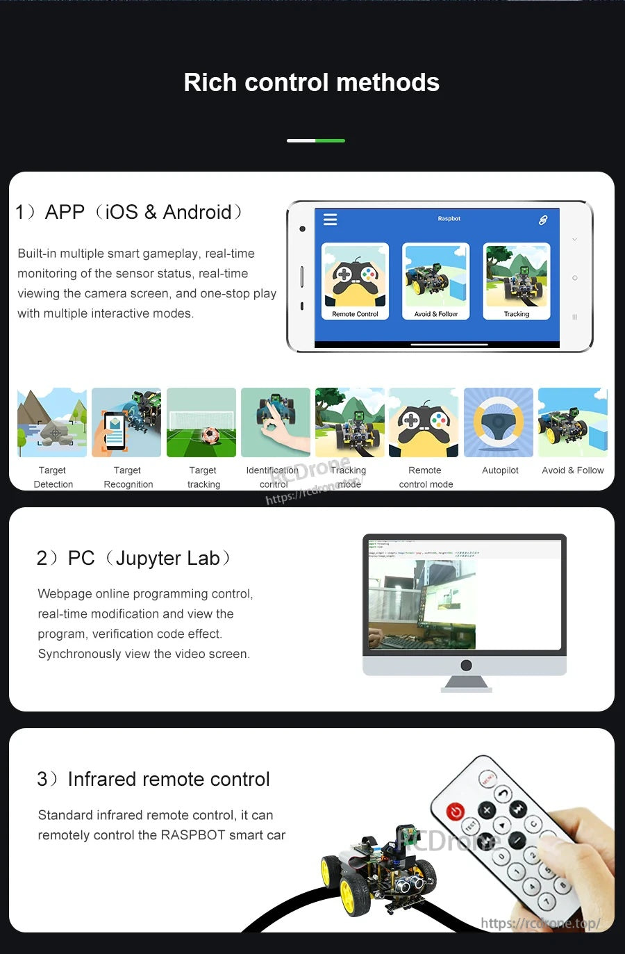 Rich control methods graphic: mobile app control, PC Jupyter Lab web programming, and infrared remote control
