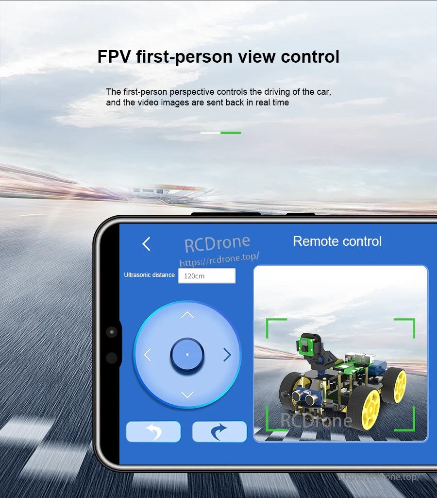 FPV first-person view control screen on smartphone with remote driving UI and live video view of the robot car