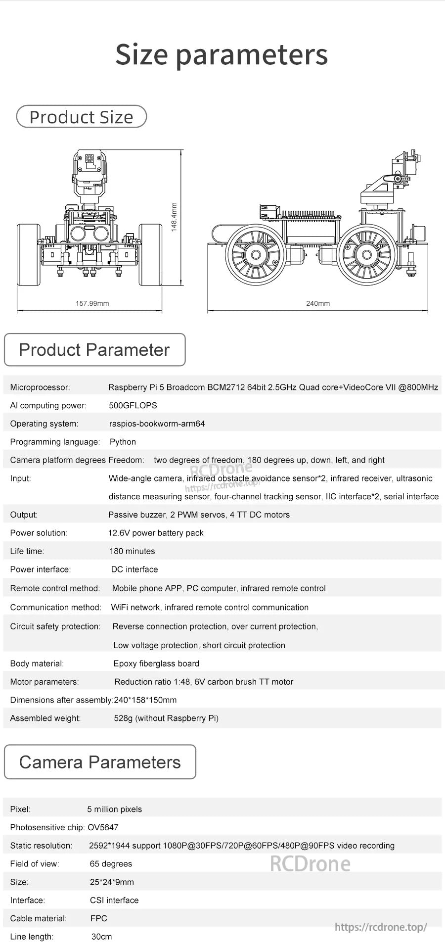 Size parameters and specifications sheet with dimensional drawings and camera parameters for the robot car kit