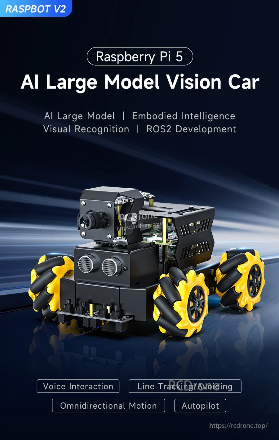 Yahboom Raspbot V2 Raspberry Pi 5 robot car with mecanum wheels and 2DOF camera PTZ for AI vision