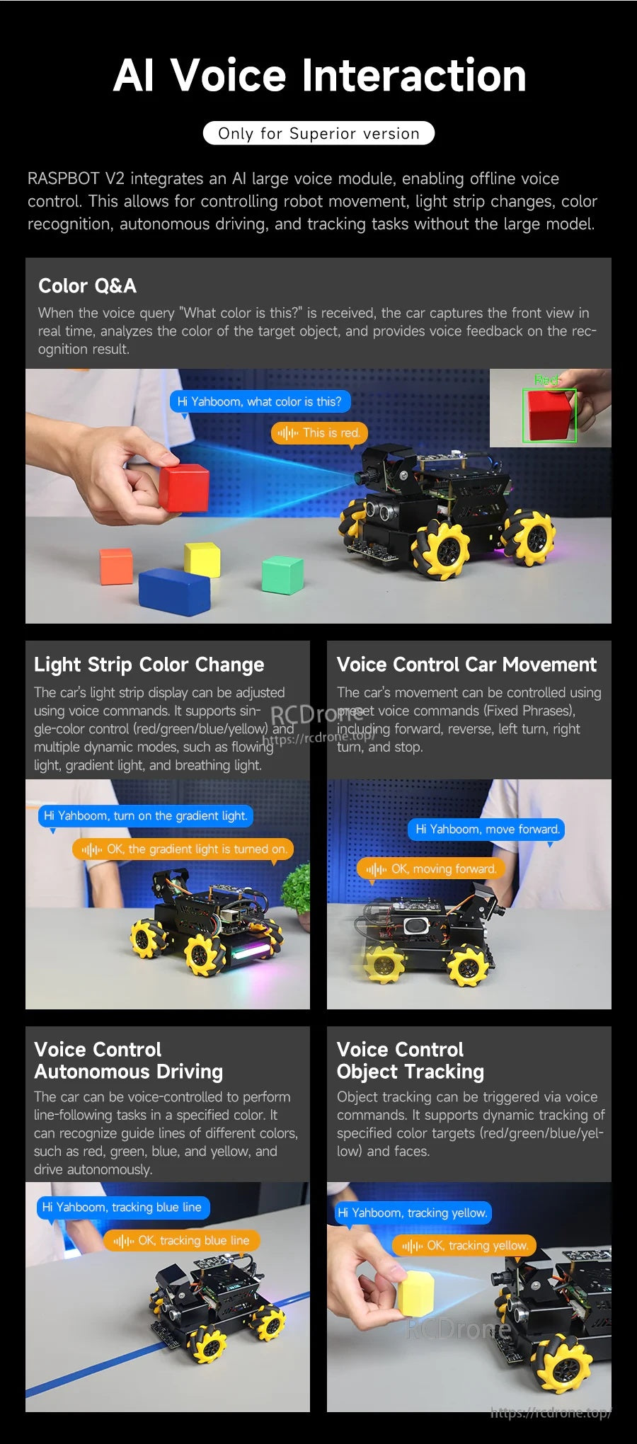 AI voice interaction panel: color Q&A, light strip color change, voice car movement, and object tracking controls