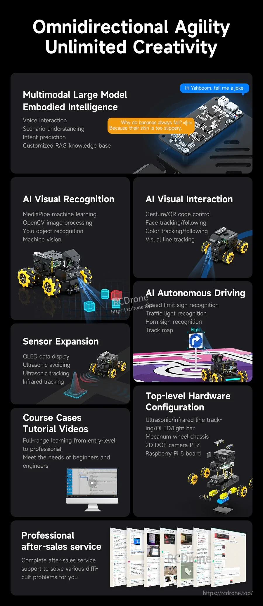 Feature overview: multimodal large model, AI visual recognition, interaction, autonomous driving, sensor expansion, and tutorials