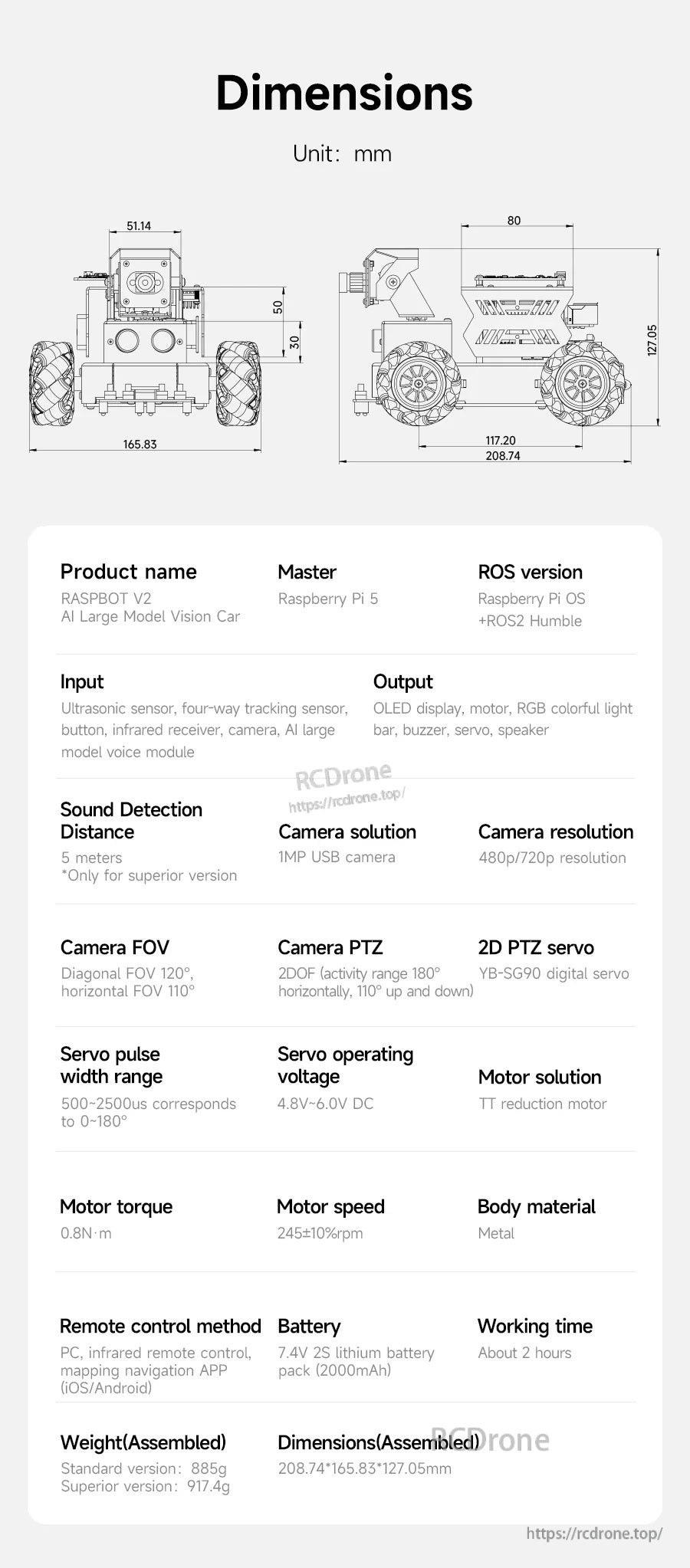 Yahboom Raspbot V2 dimensions (mm) and spec table for Raspberry Pi 5 ROS2 Humble robot car kit