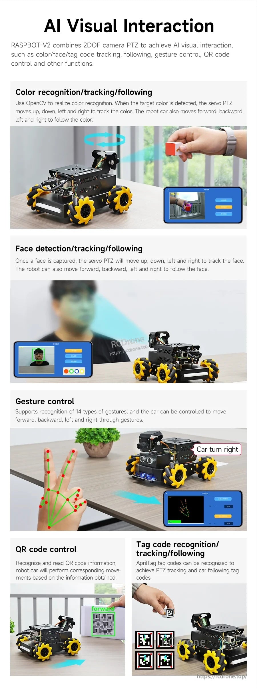 AI visual interaction functions: color tracking, face detection, gesture control, QR control, and AprilTag recognition