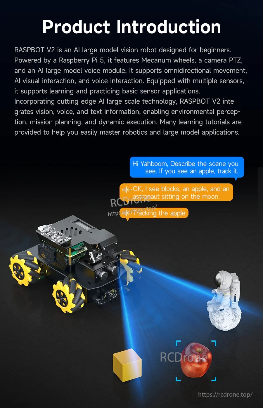 Product intro graphic for Raspbot V2 Raspberry Pi 5 AI robot car with camera PTZ, sensors, and expansion ports