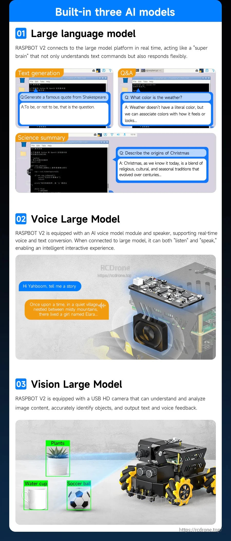 Built-in three AI models graphic: large language model, voice large model module, and vision large model capabilities