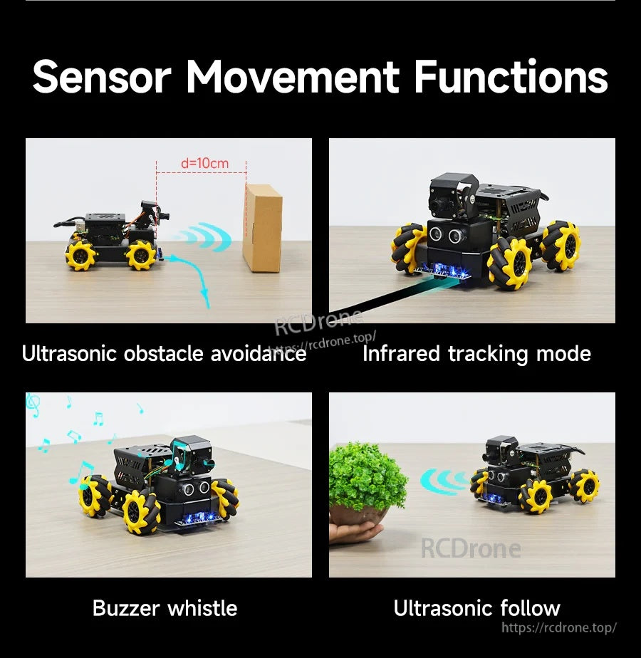 Sensor movement functions graphic for Yahboom Raspbot V2 robot: ultrasonic avoid/follow, infrared tracking, buzzer