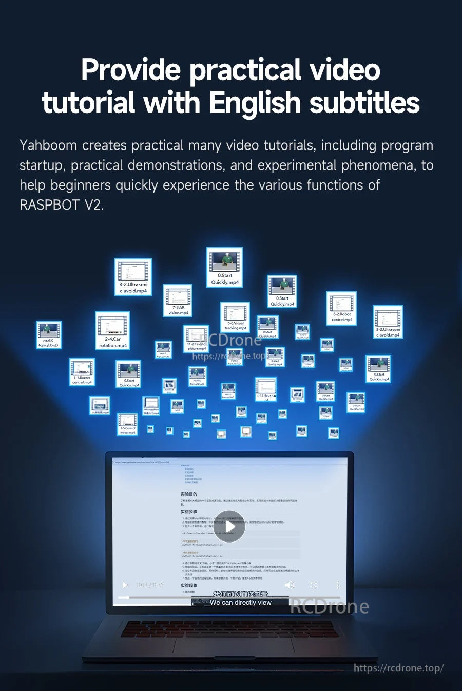 Video tutorial library graphic promoting practical lessons with English subtitles for Raspbot V2 functions