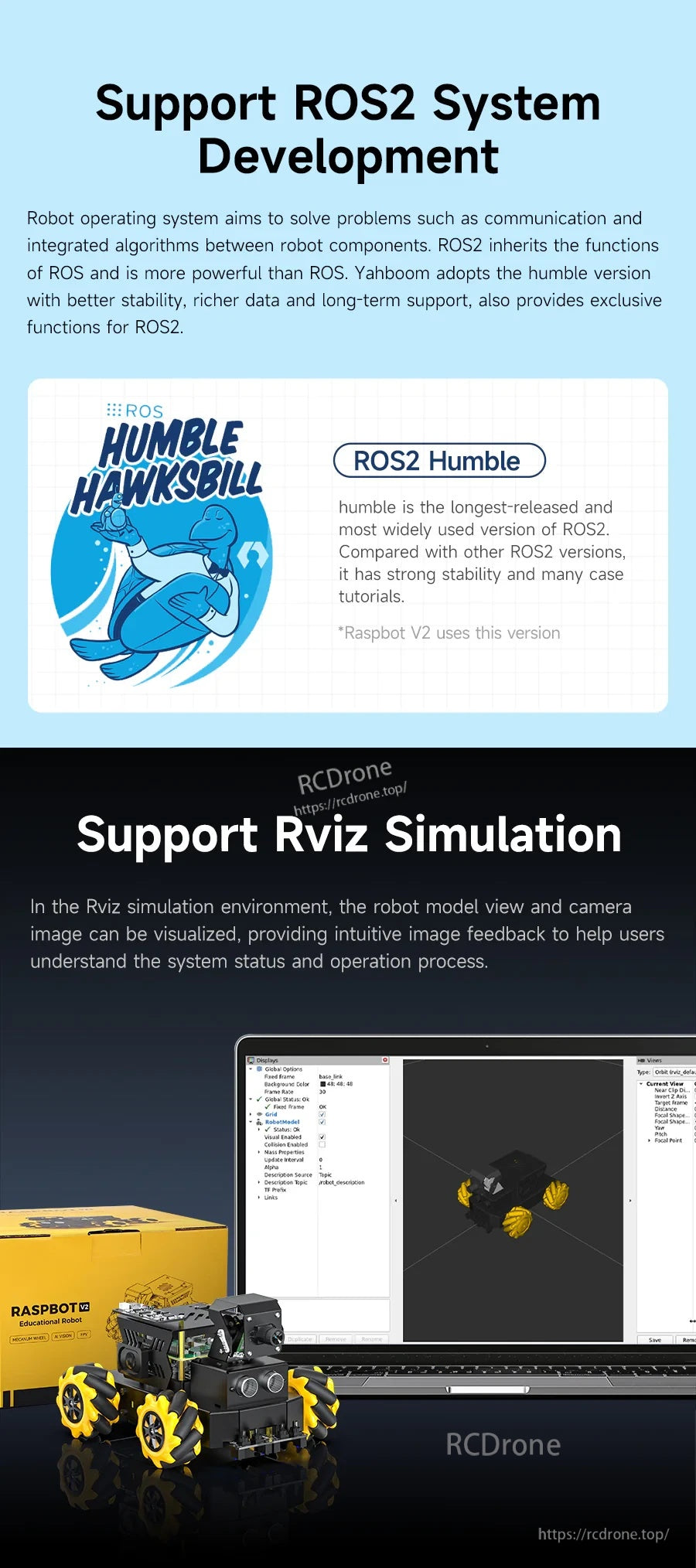 Yahboom Raspbot V2 graphic showing ROS2 Humble support and RViz simulation with robot and laptop UI