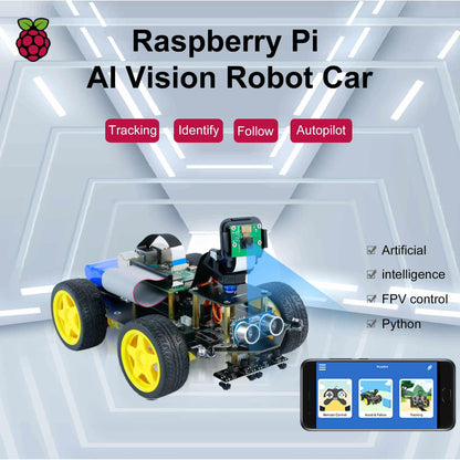 Raspberry Pi AI Vision Robot Car feature graphic showing tracking, identify, follow and autopilot functions