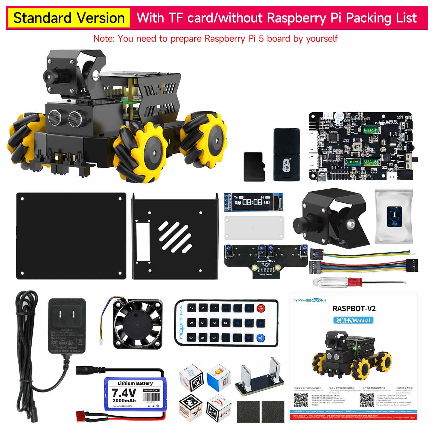 Standard version packing list with TF card, no Raspberry Pi board, showing included parts and accessories
