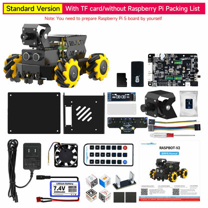 Standard version packing list with TF card, no Raspberry Pi board, showing included parts and accessories
