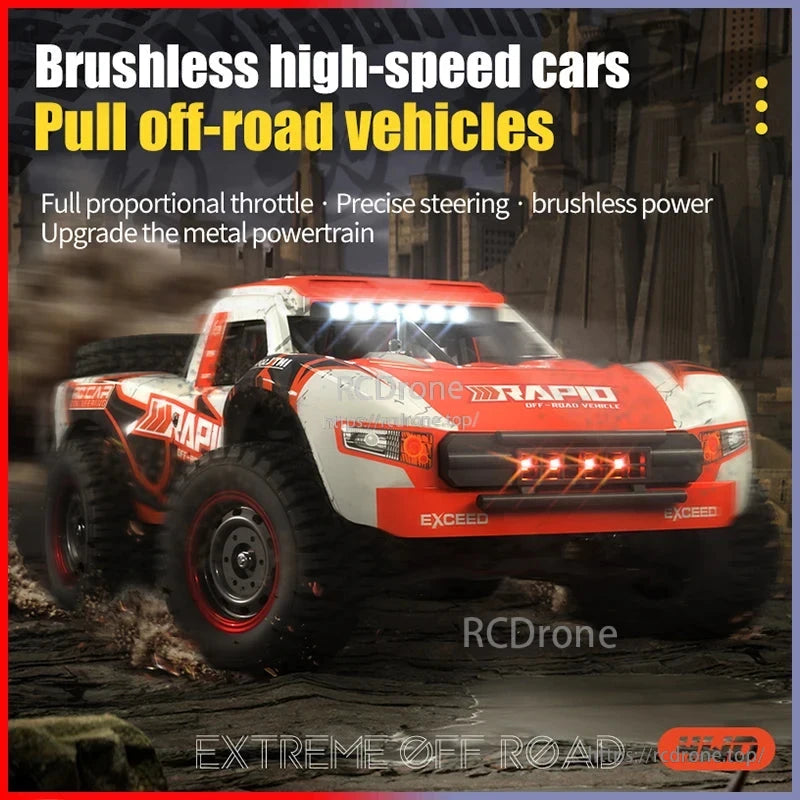 High-speed 1/16 scale brushless RC truck with 4x4, LED lights, 2.4G RTR, 7.4V Li-ion battery, 50-75+ km/h speed, 80-120M range, full proportional throttle, and precise steering.