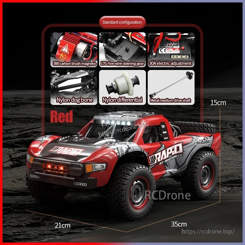 Rc Truck DISHUO Q130 features brushless or brushed motor, 2.4G radio control, and LED light bar with speeds up to 50km/h or 75+km/h.
