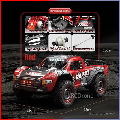 Rc Truck DISHUO Q130 features brushless or brushed motor, 2.4G radio control, and LED light bar with speeds up to 50km/h or 75+km/h.