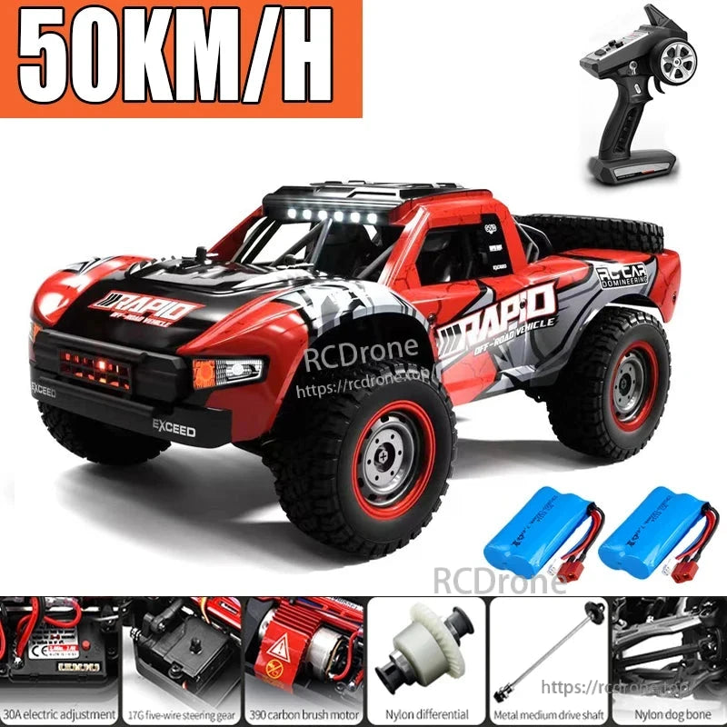 The Rc Truck DISHUO Q130 has a top speed of 50km/h or 75+km/h, featuring brushless and brushed motor options.