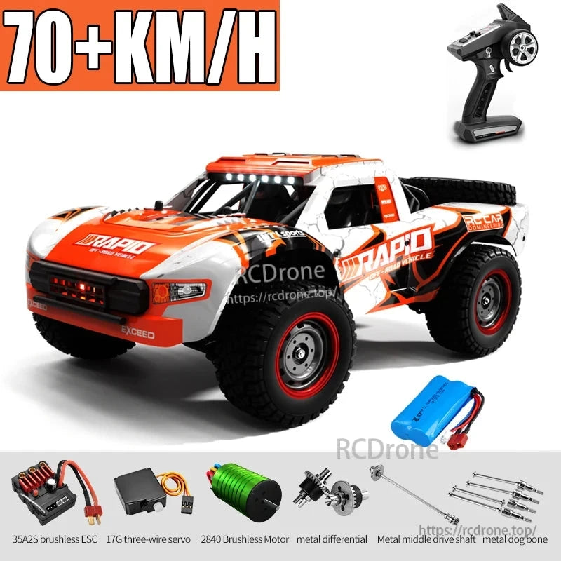 1/16 scale 4x4 RC truck with brushless motor, 70+ km/h speed, 2.4G control, LED lights, 7.4V Li-ion battery, metal parts, 80–120m range; includes ESC, servo, motor, differential, and shafts.