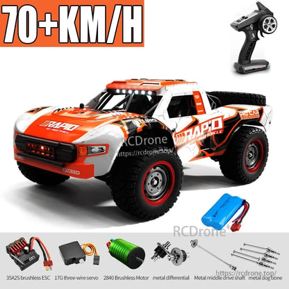 1/16 scale 4x4 RC truck with brushless motor, 70+ km/h speed, 2.4G control, LED lights, 7.4V Li-ion battery, metal parts, 80–120m range; includes ESC, servo, motor, differential, and shafts.