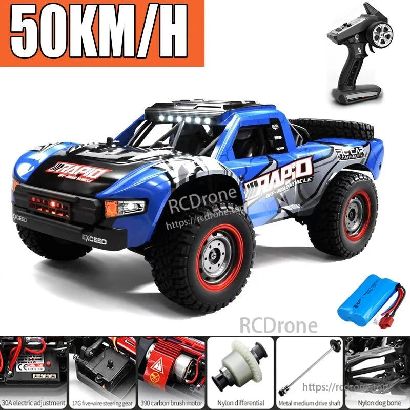 DISHUO Q130 1/16 scale 4x4 RC truck with 50KM/H speed, 2.4G control, LED lights, 7.4V battery, 80–120M range, brushless/brushed motor options, durable metal and nylon components.