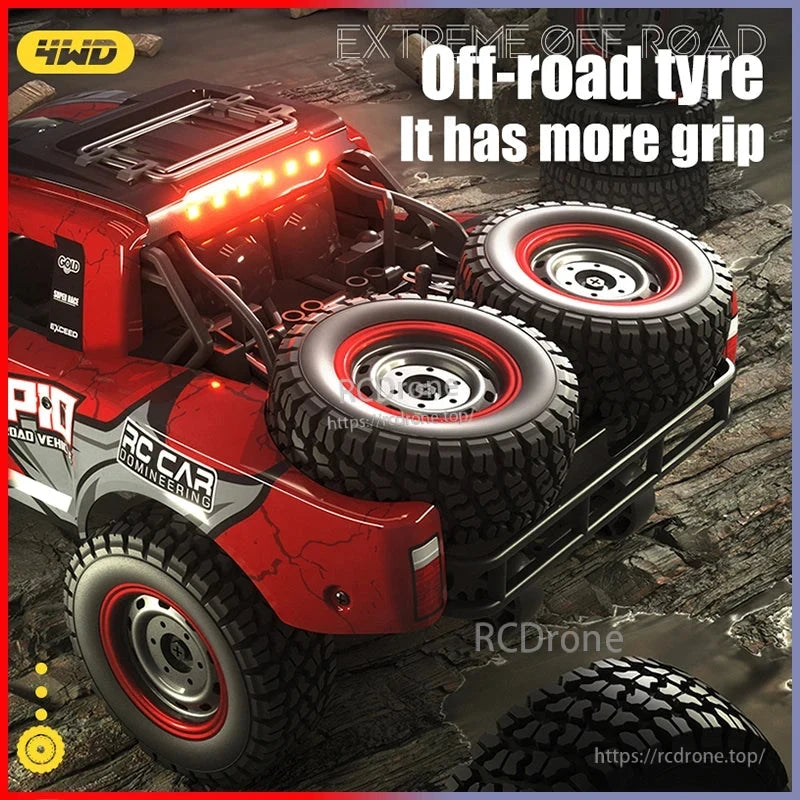 4WD off-road RC truck with high-grip tires, LED lights, 2.4G RTR, brushless motor, and 7.4V Li-ion battery for powerful, durable performance.