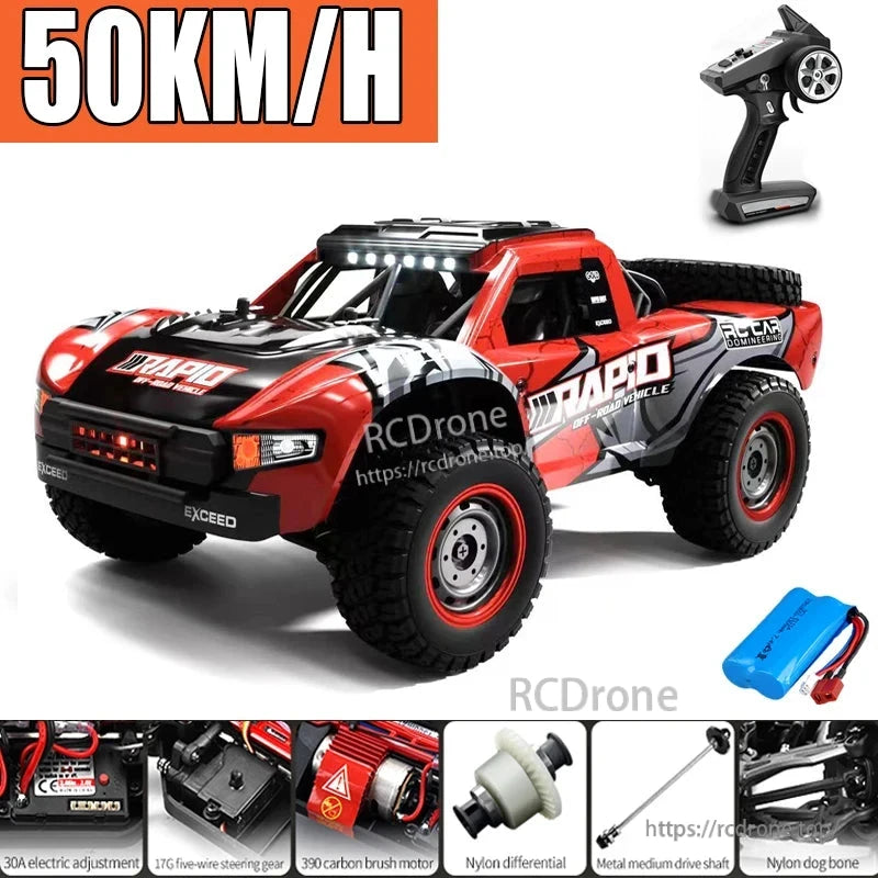 DISHUO Q130 1/16 4x4 RC truck features 50KM/H speed, 2.4G RTR, LED lights, 7.4V battery, 80–120M range, 30A control, 330 motor, nylon differential, dog bone, and metal drive shaft.