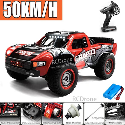 DISHUO Q130 1/16 4x4 RC truck features 50KM/H speed, 2.4G RTR, LED lights, 7.4V battery, 80–120M range, 30A control, 330 motor, nylon differential, dog bone, and metal drive shaft.