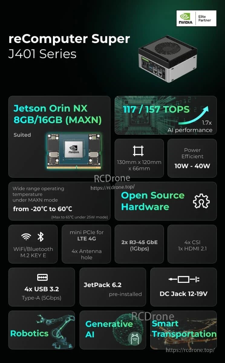 ReComputer J401 AI Device, Jetson Orin NX offers 8GB/16GB, 117–157 TOPS AI, open-source hardware for robotics, generative AI, and smart transport. Features WiFi, Bluetooth, USB 3.2, DC 12–19V.