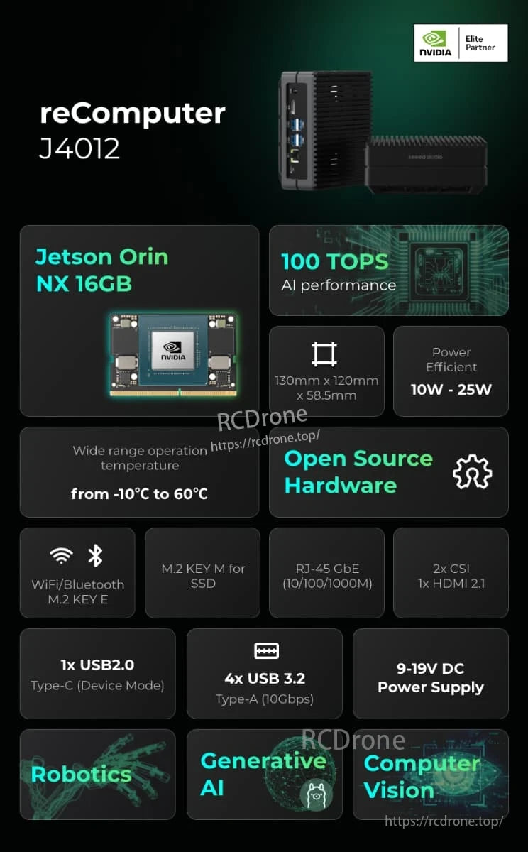 ReComputer J4012 Edge AI Computer, Jetson Orin NX 16GB offers 100 TOPS AI performance, open-source hardware, wide temperature tolerance, and versatile connectivity—ideal for robotics, generative AI, and computer vision applications.
