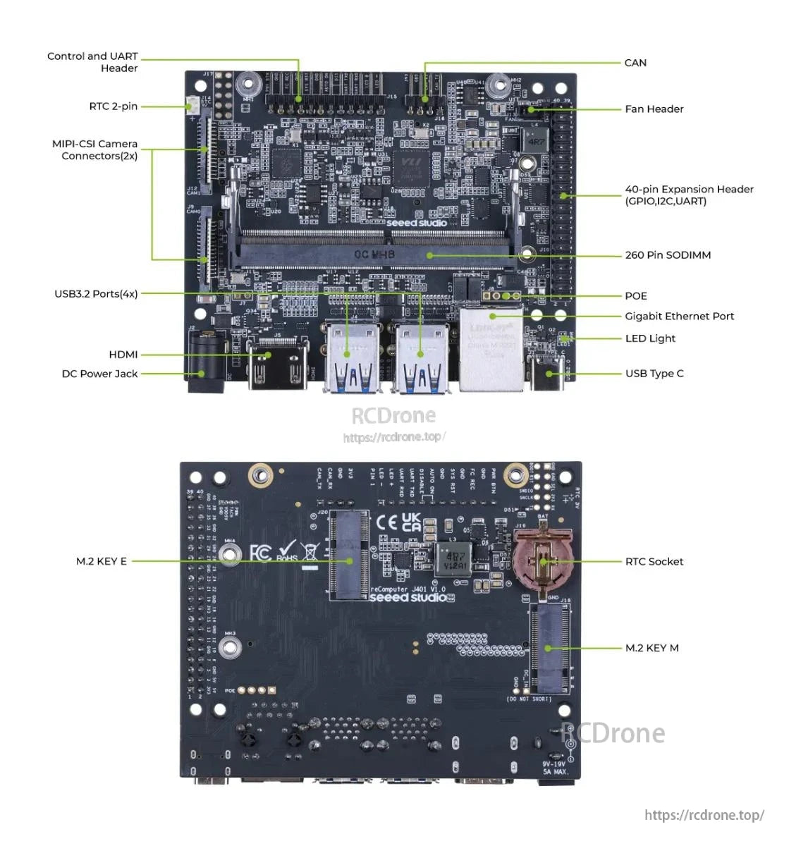 ReComputer J4012 Edge AI Computer, ReComputer J4012 features M.2 slots, USB 3.2, HDMI, Gigabit Ethernet, POE, SODIMM, and GPIO, I2C, UART, and camera headers.