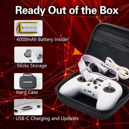 Ready out of the box graphic showing hard case, 4000mAh battery, stick storage, and USB‑C charging/updates