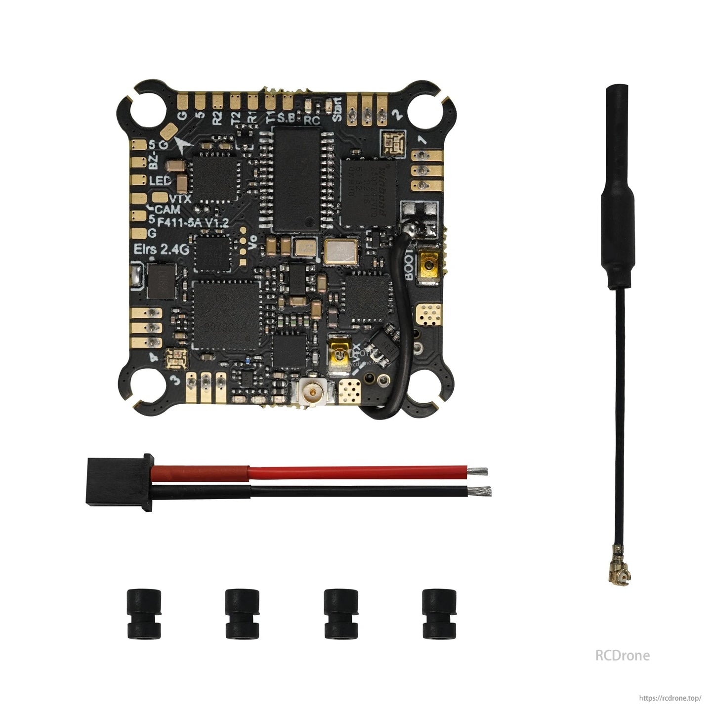 AIO flight controller top side with attached U.FL antenna pigtail, plus battery lead and four gummies on white background