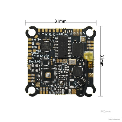 31mm x 31mm size diagram of the flight controller top side with pad labels and U.FL antenna connector
