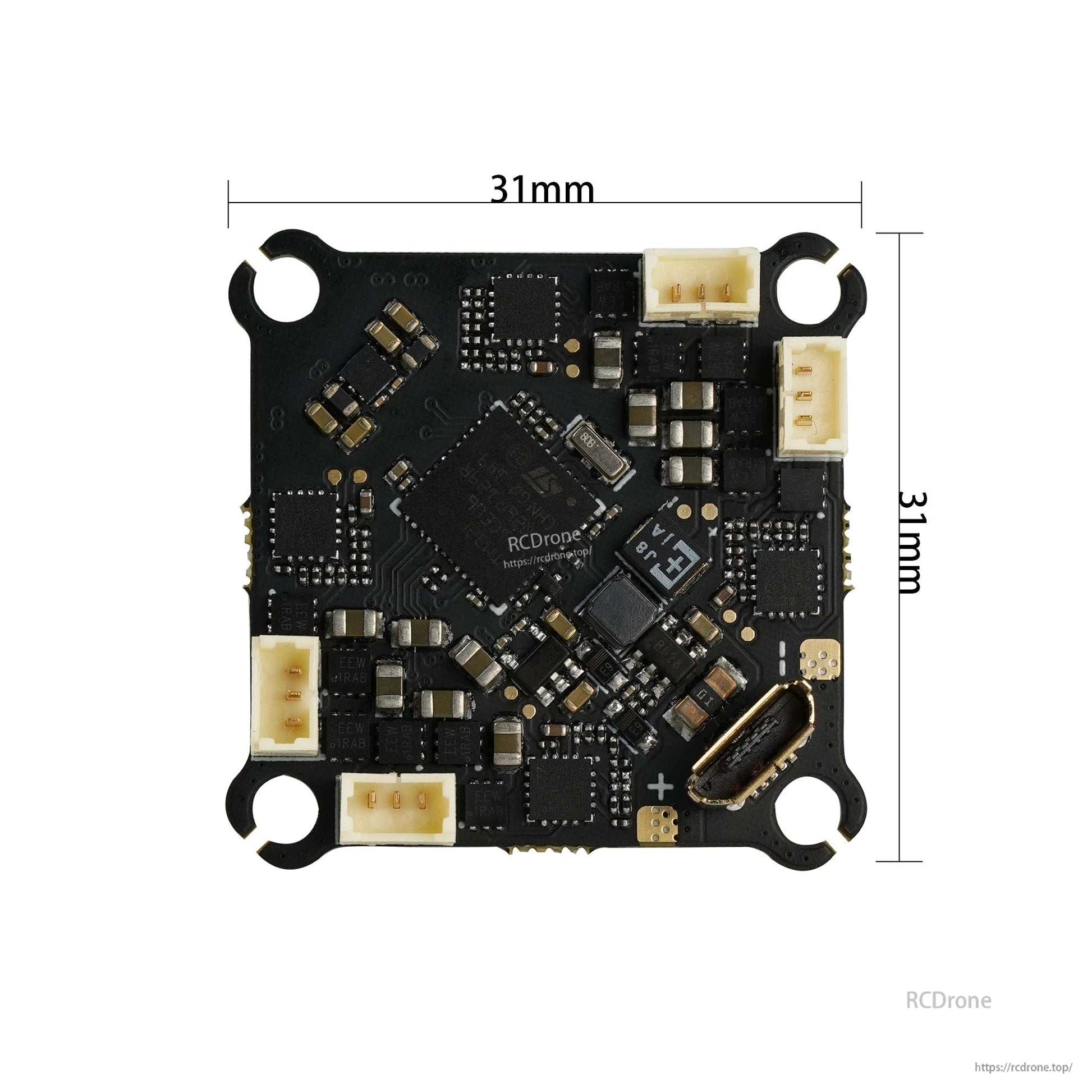 AIO flight controller board dimensions shown, 31mm x 31mm square layout with corner mounting holes