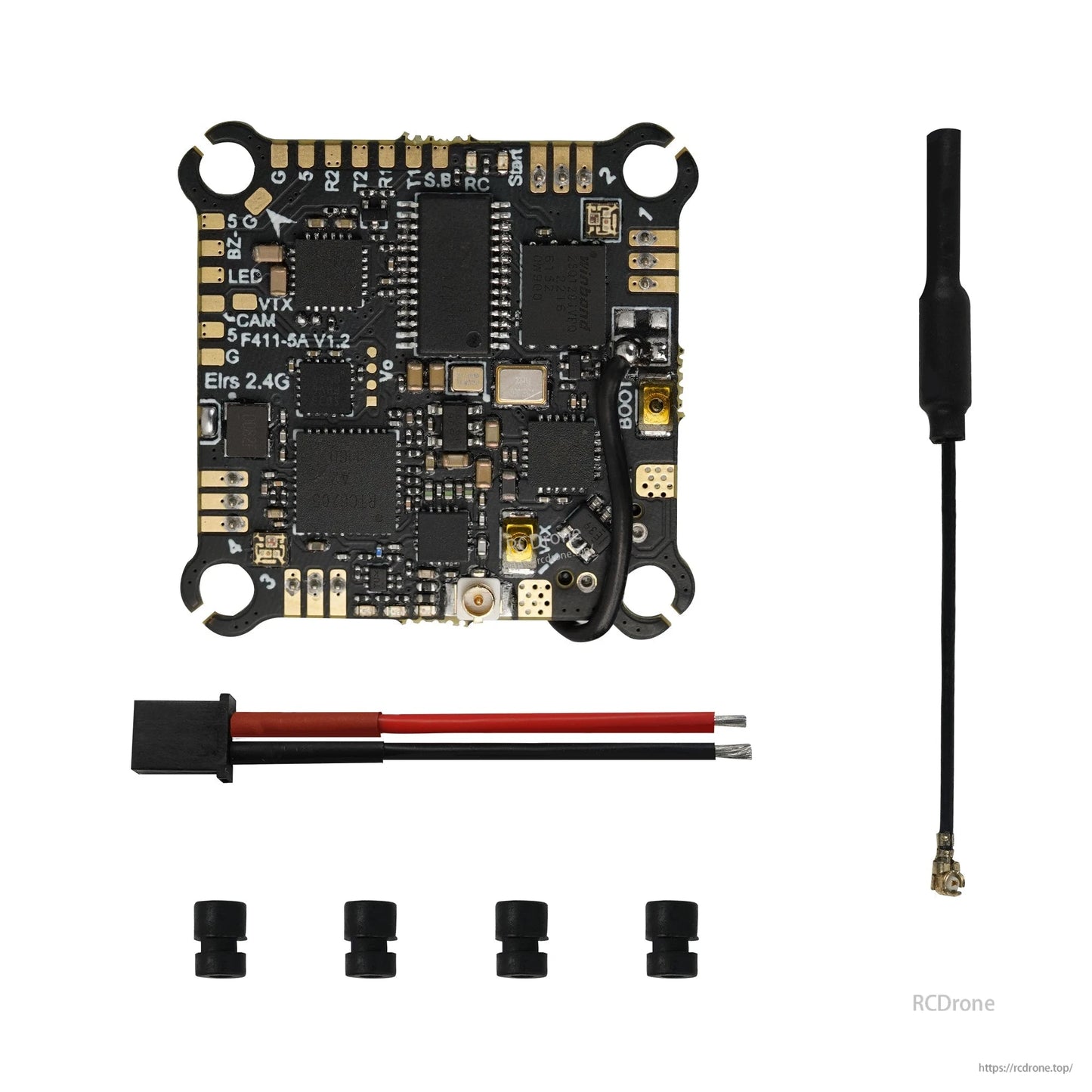 Redfox A1 F4 5A 4in1 1S AIO flight controller kit with antenna pigtail, battery lead, and four gummies