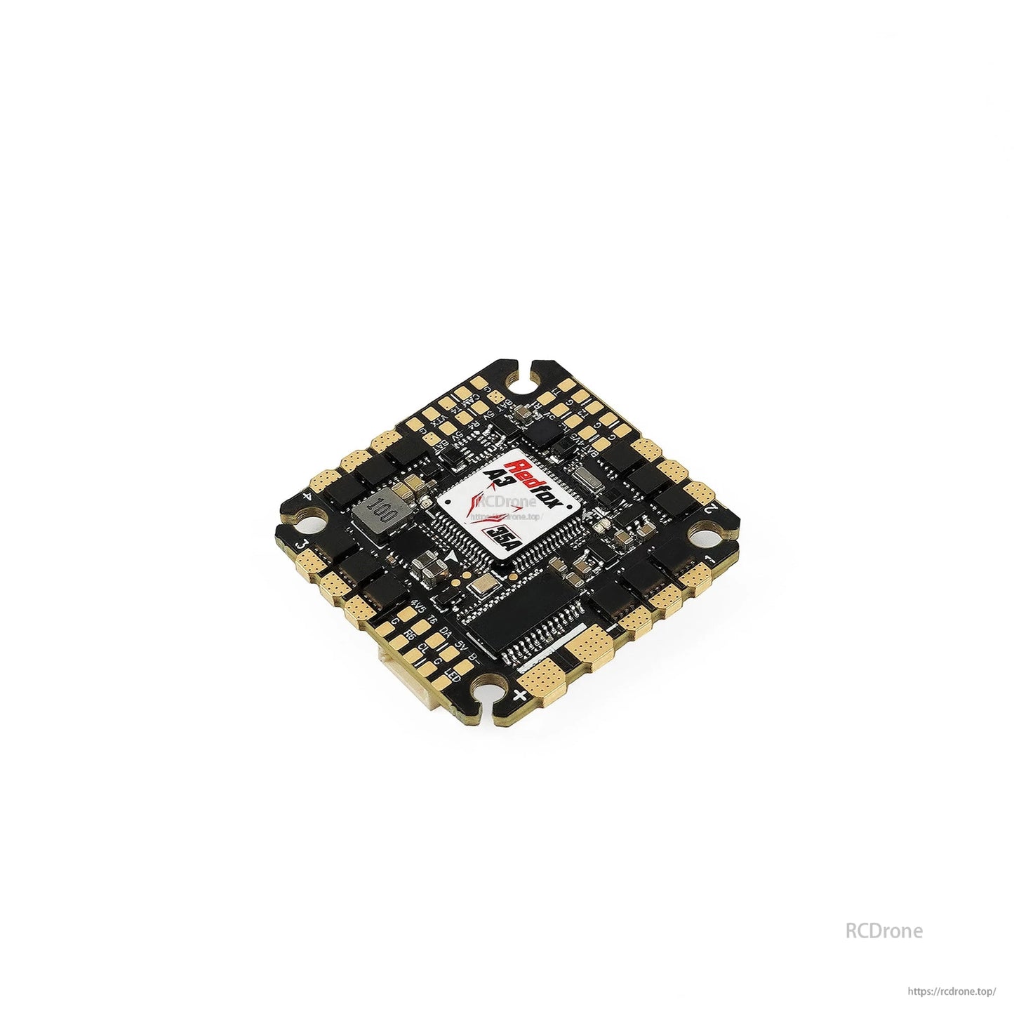 Low-angle perspective view highlighting board thickness, corner mounts, and gold-plated pads
