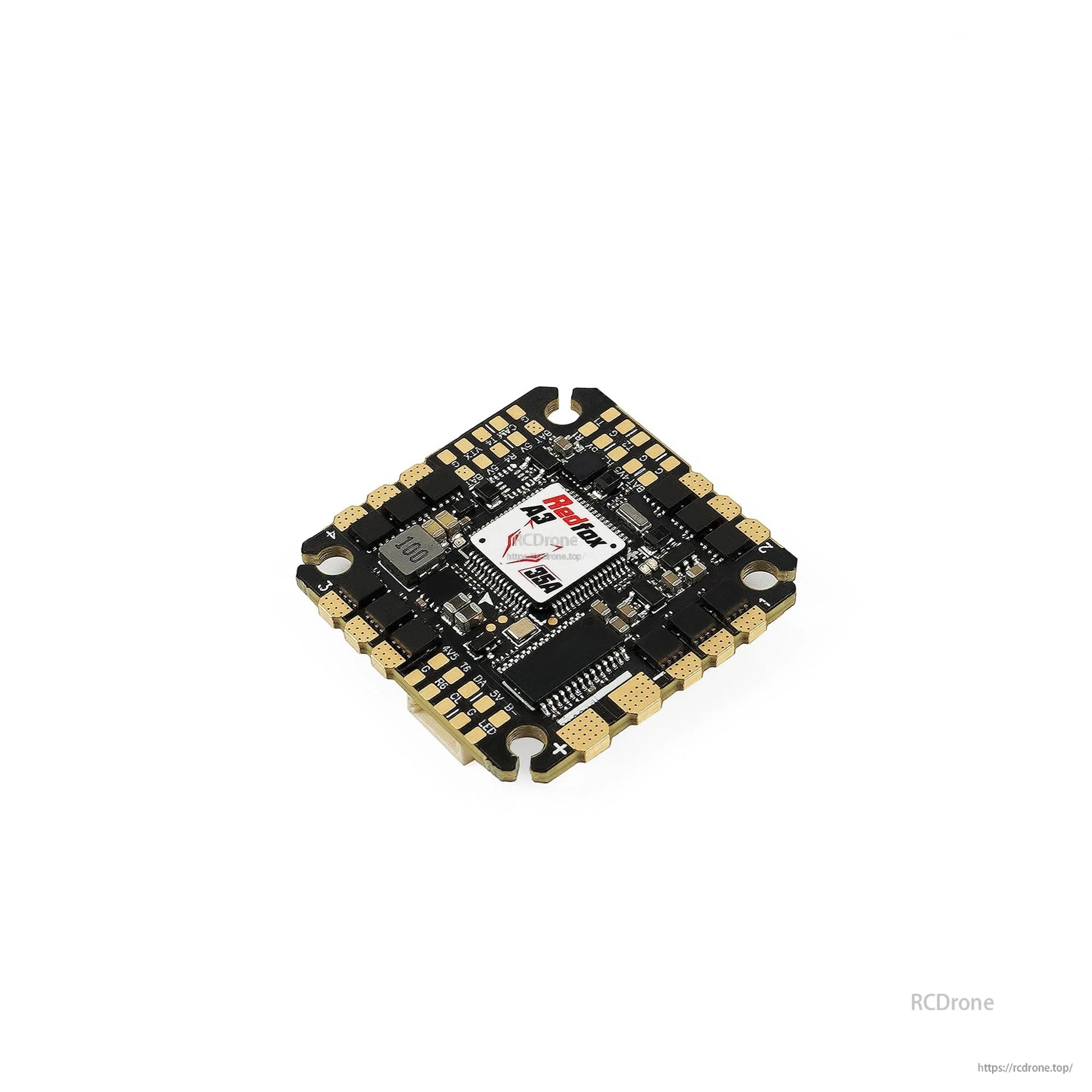 Low-angle perspective view highlighting board thickness, corner mounts, and gold-plated pads