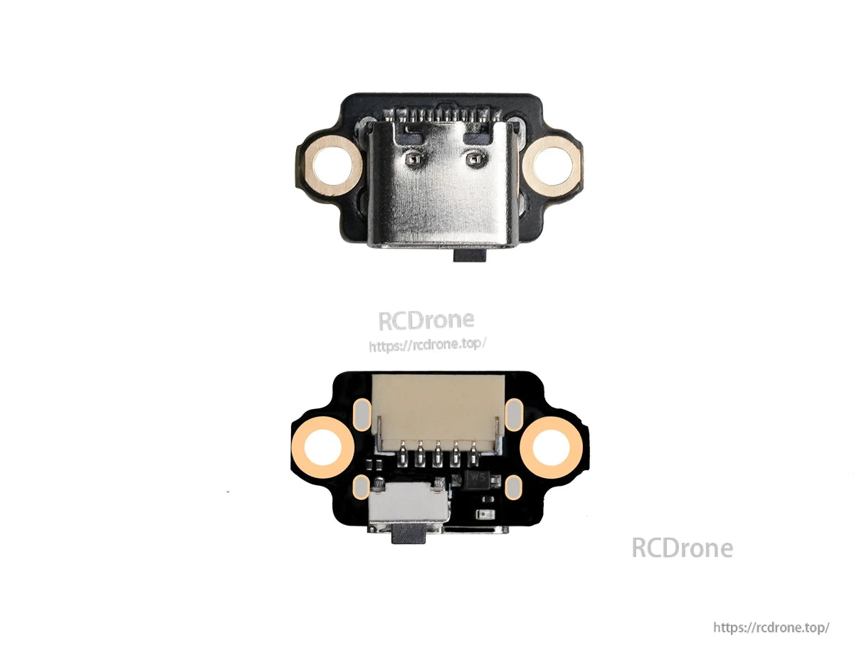 USB Type-C adapter board shown front and back with mounting tabs and connector pins