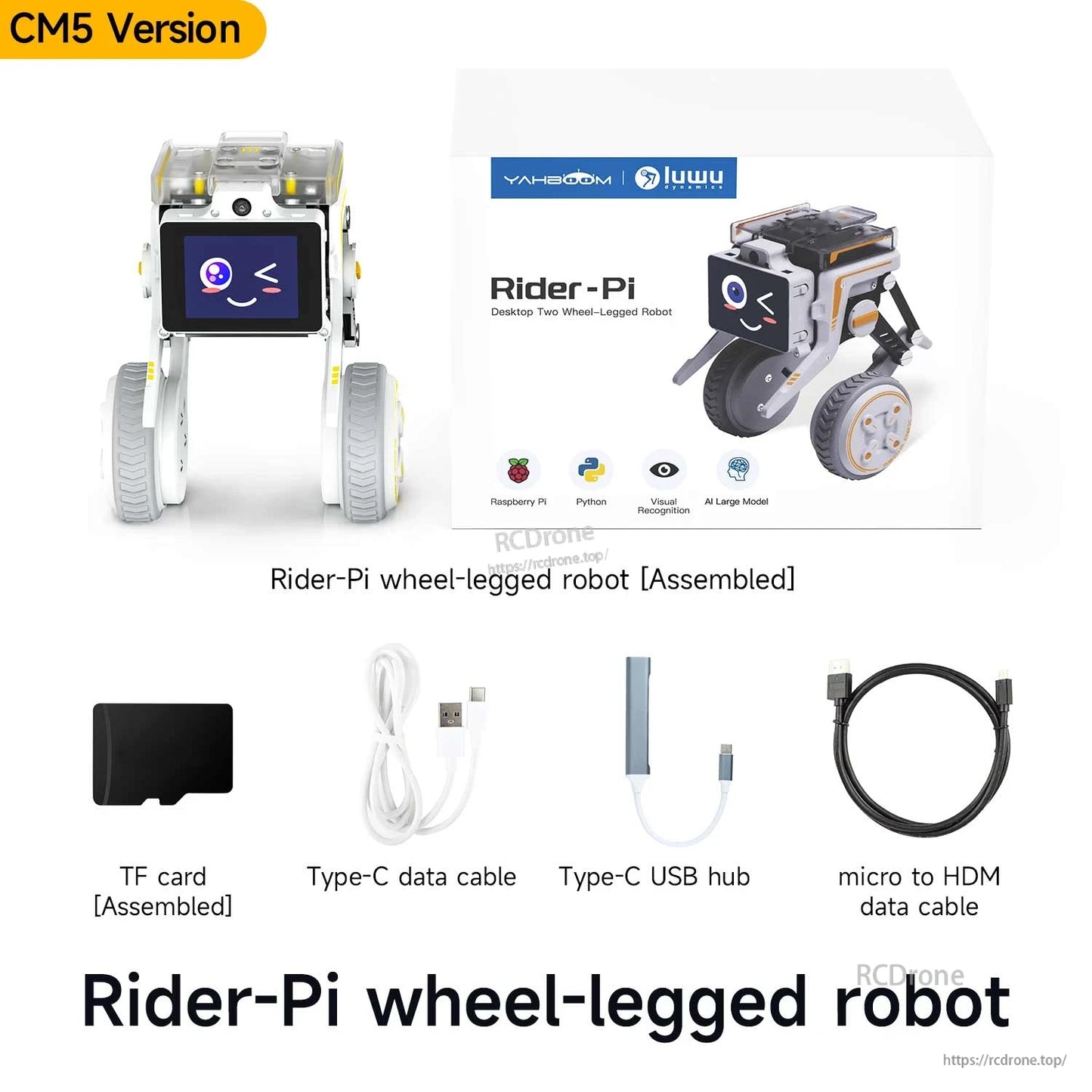 CM5 version package contents showing assembled Rider-Pi robot, box, TF card, Type-C cable, USB hub, micro HDMI cable