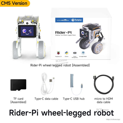 CM5 version package contents showing assembled Rider-Pi robot, box, TF card, Type-C cable, USB hub, micro HDMI cable